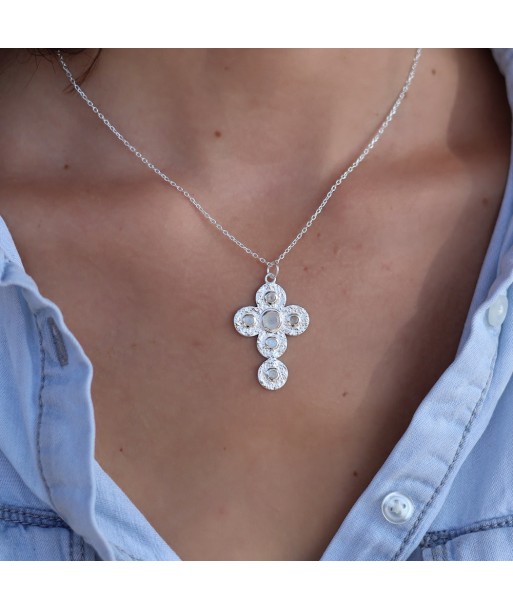 Collier croix argent 925 martelée et pierres meilleur choix