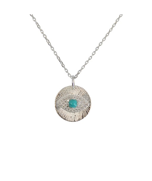 Collier médaille argent 925 oeil turquoise et zircons en linge