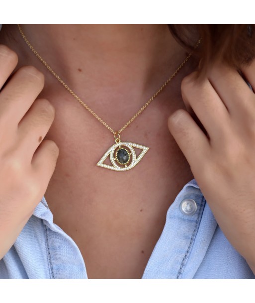 Collier doré pendentif oeil XXL pierre et zircons Economisez 