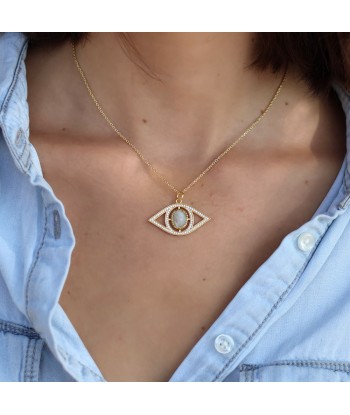 Collier doré pendentif oeil XXL pierre et zircons Economisez 